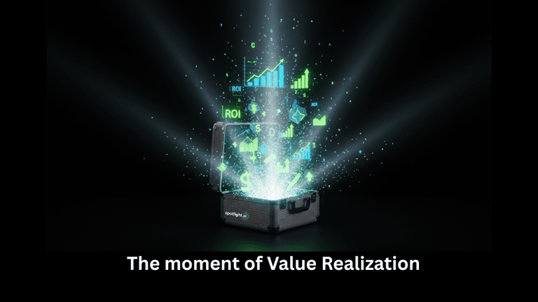 An open suitcase releasing glowing data symbols, representing the moment of value realization and the power of BVA.