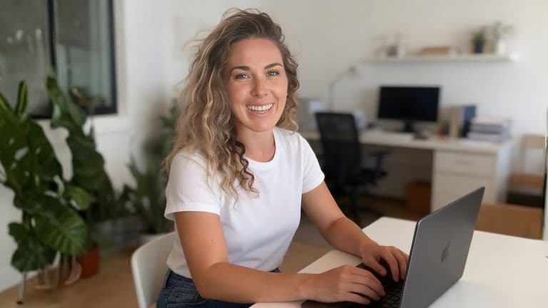 A woman sits at a desk with a laptop, focused on her work, embodying the spirit of entrepreneurship and innovation.
