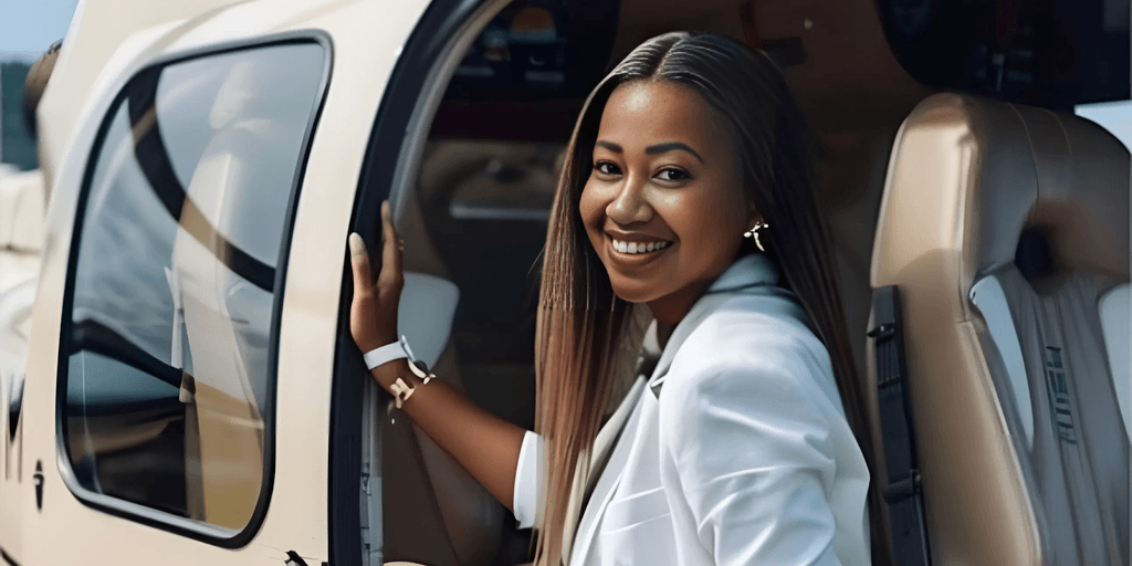 "Smiling woman in a white suit standing next to a helicopter, posing confidently with her hand on the door and showcasing a stylish look."