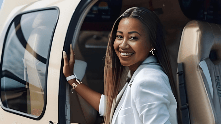 "Smiling woman in a white suit standing next to a helicopter, posing confidently with her hand on the door and showcasing a stylish look."