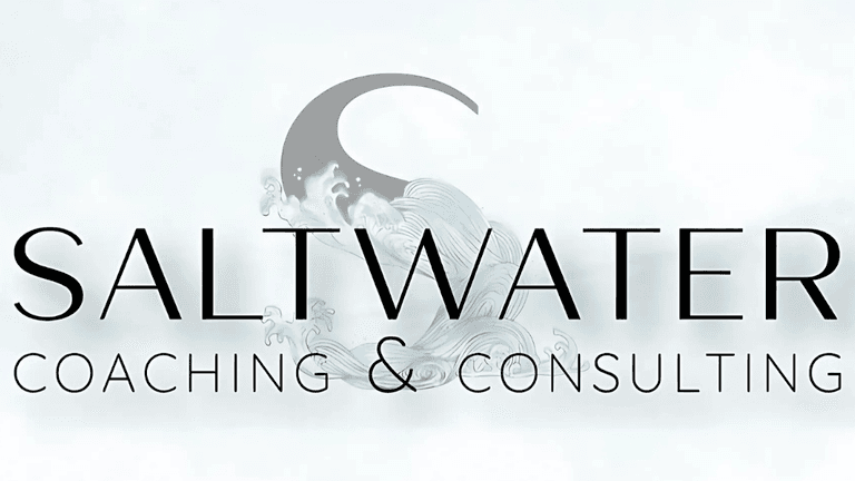 "Logo for Saltwater Coaching & Consulting featuring the word 'SALTWATER' with a stylized wave design forming the letter 'S'."