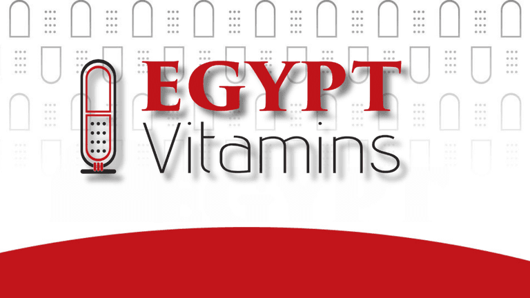 "Logo of Egypt Vitamins featuring a red capsule icon and bold typography. The design incorporates a background of subtle capsule shapes, with a modern and clean aesthetic, symbolizing health and wellness."
