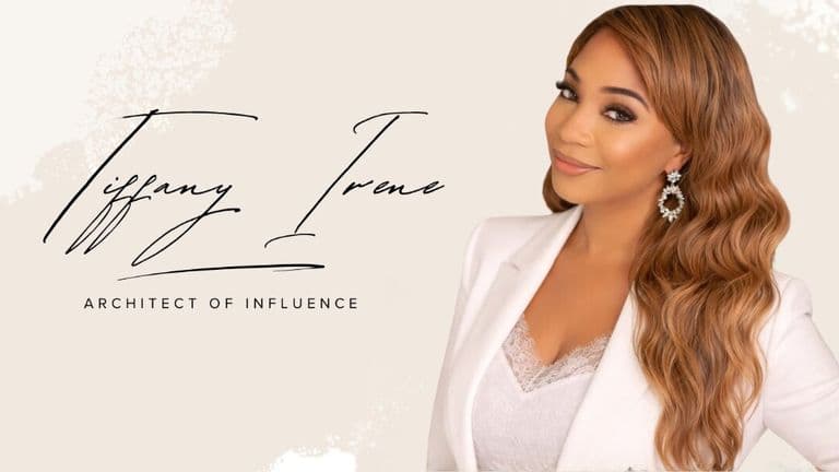 A confident woman with long, wavy hair, wearing a white blazer and lace top. Text reads: "Tiffany Irene, Architect of Influence." She smiles softly.