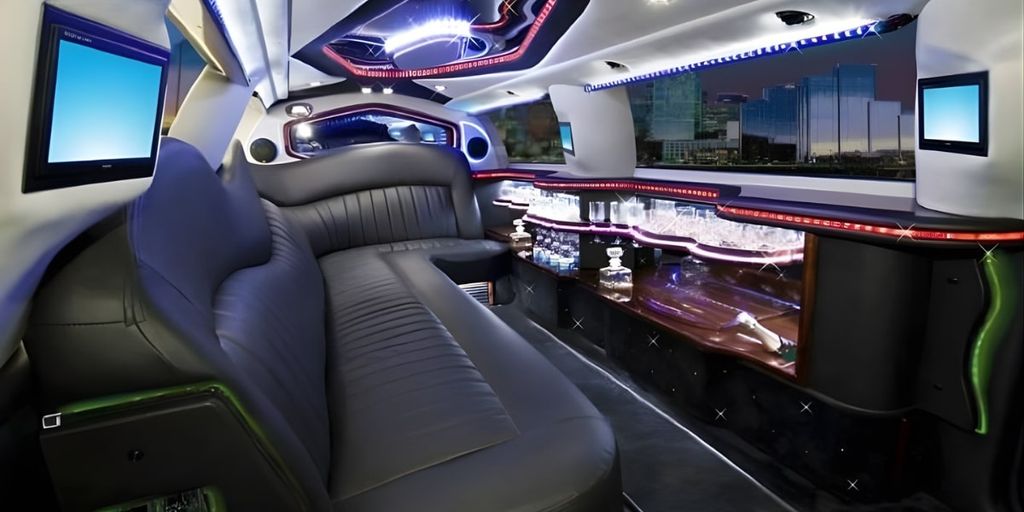 Interior of a luxury limousine with leather seating, ambient lighting, bar area, and modern entertainment system for special events.