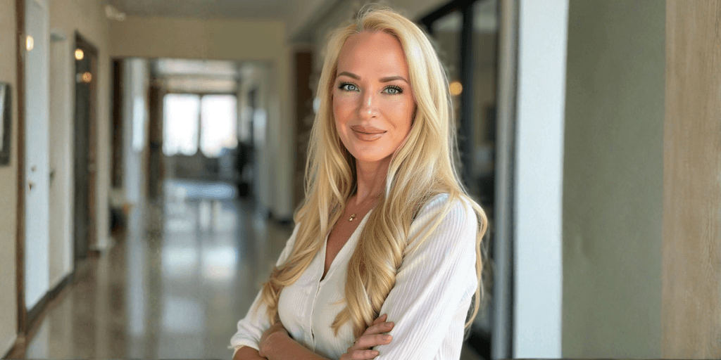 Professional portrait of Donnalynn Patakos, founder of Portray Art Advisory, standing confidently in a modern office hallway, symbolizing art investment leadership.