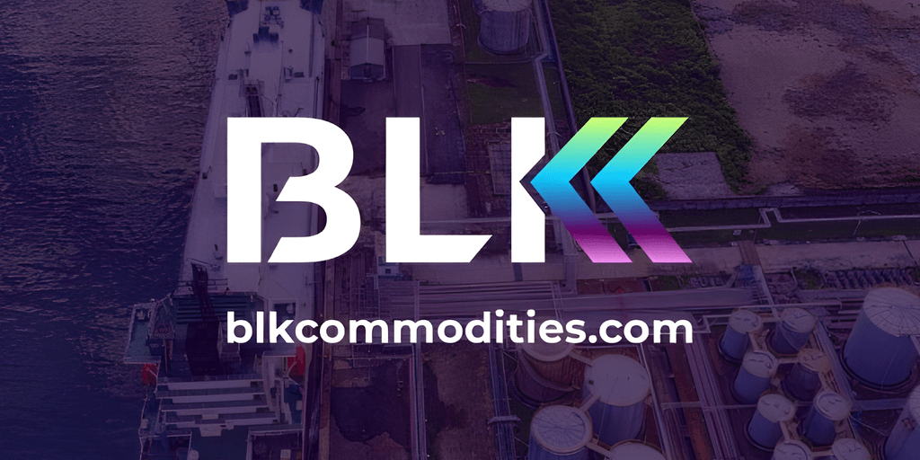 BLK Global PLC logo with a background image of industrial commodities trade, symbolizing innovation and digital transformation in global trade.
