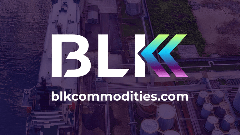 BLK Global PLC logo with a background image of industrial commodities trade, symbolizing innovation and digital transformation in global trade.