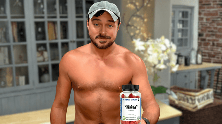 Chris Gibson promoting Collagen Peptide Gummies for radiant, youthful skin, showcasing his holistic skin care expertise and product.