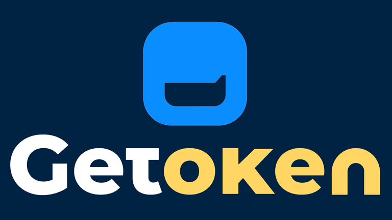 "GetToken logo with modern design, featuring a blue square icon with a speech bubble and bold text 'GetToken' in white and yellow colors, symbolizing digital communication and innovation."