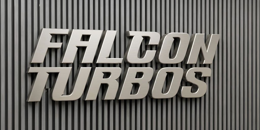 Metallic Falcon Turbos wall logo mounted on vertically ribbed industrial background.