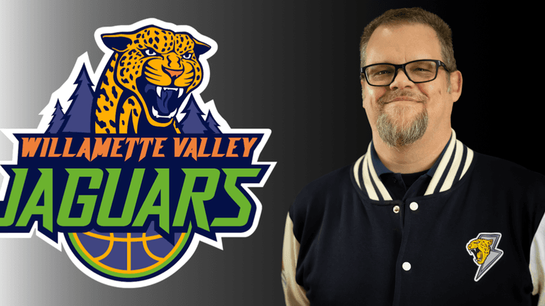 Kelly Richard Long, President of Gameday Operations, smiles confidently beside the Willamette Valley Jaguars logo, showcasing his leadership.