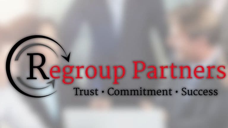 Logo for "Regroup Partners" with blurred office background. Black circular arrow surrounds "R". Red text embodies trust, commitment, success.
