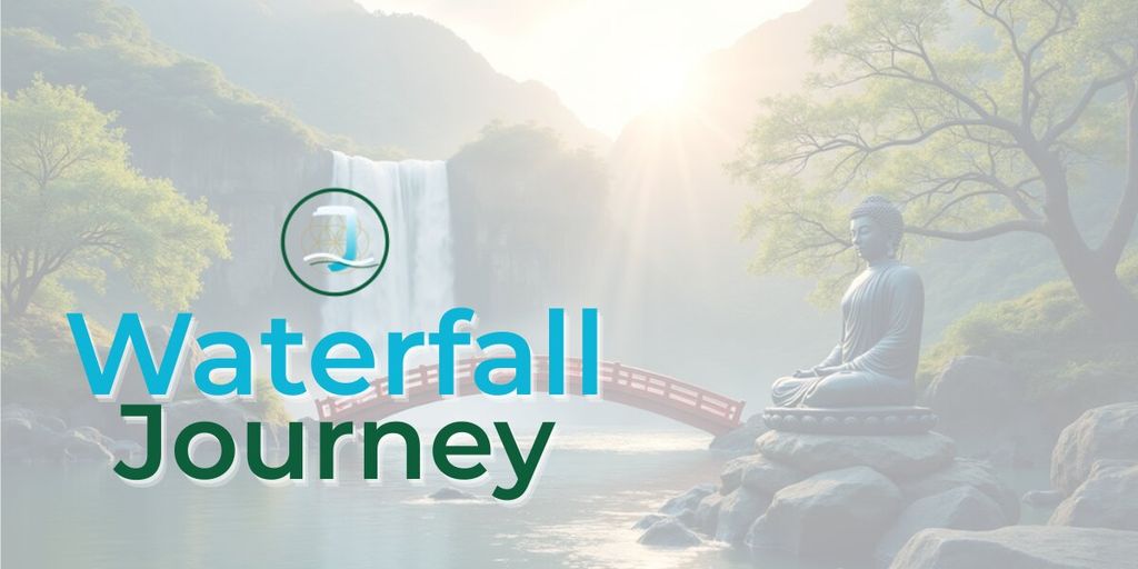 Waterfall Journey logo over serene waterfall, bridge, and Buddha statue, symbolizing reflection, clarity, and personal transformation.