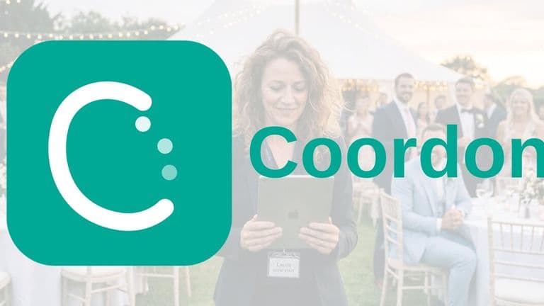 Green Coordon logo over a blurred outdoor party scene with a woman holding a tablet. She smiles, creating an upbeat and engaged atmosphere.