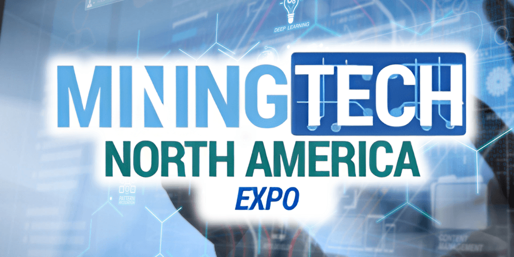 Promotional banner for MiningTech North America Expo, showcasing futuristic design elements, emphasizing AI, deep learning, and pattern recognition.