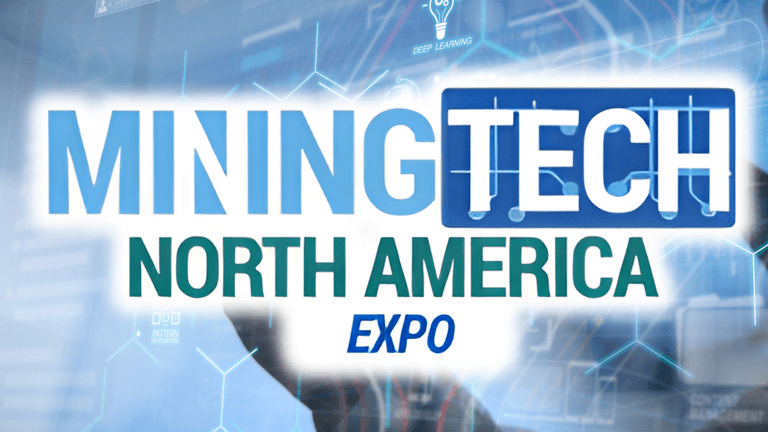 Promotional banner for MiningTech North America Expo, showcasing futuristic design elements, emphasizing AI, deep learning, and pattern recognition.