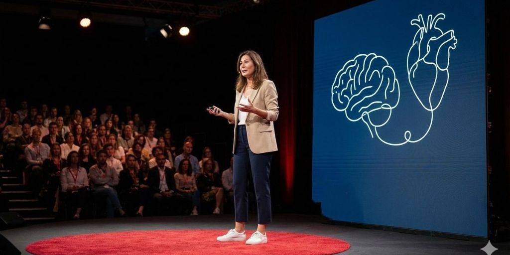 The image shows Tugba Tugman speaking at a TEDx event, addressing an audience while illustrating the connection between the brain and heart.