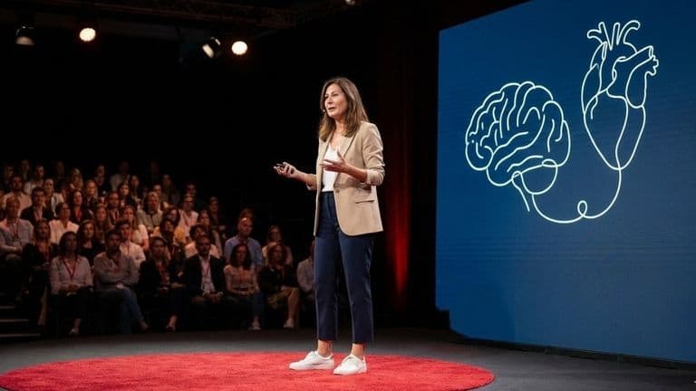 The image shows Tugba Tugman speaking at a TEDx event, addressing an audience while illustrating the connection between the brain and heart.