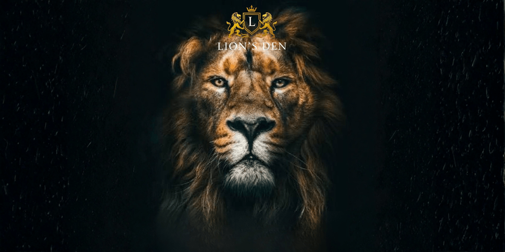 A powerful lion's face with the Lion's Den logo, symbolizing strength, leadership, and resilience in business growth.
