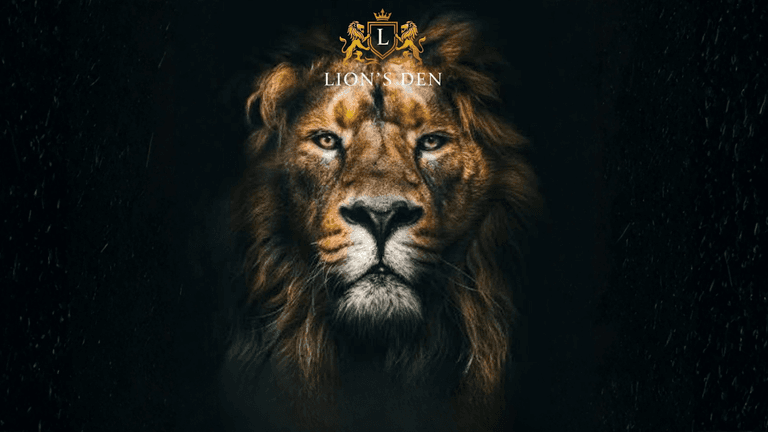 A powerful lion's face with the Lion's Den logo, symbolizing strength, leadership, and resilience in business growth.