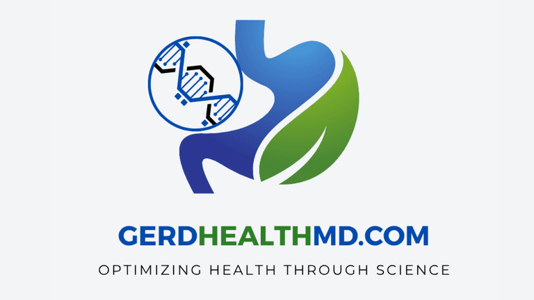GERDHealthMD logo featuring a DNA symbol, digestive system icon, and a leaf, representing science-driven digestive health solutions for executives.