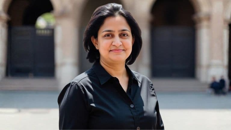 A woman in a black shirt stands confidently in front of a modern building, symbolizing leadership and innovation in performance.