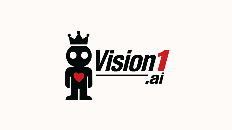 "Vision1.ai logo featuring a crowned robot with a red heart, paired with bold text showcasing the company's name."