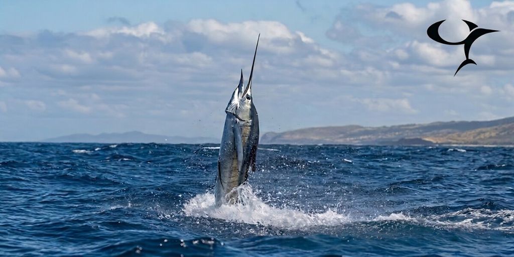Marlin leaps from the Pacific Ocean off Costa Rica, showcasing CR Fishing Charters' sportfishing adventures.