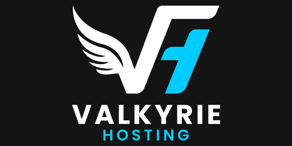 The logo for Valkyrie Hosting features a modern "VF" design with an extended wing, showcasing its brand identity with bold lettering.