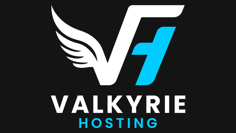 The logo for Valkyrie Hosting features a modern "VF" design with an extended wing, showcasing its brand identity with bold lettering.