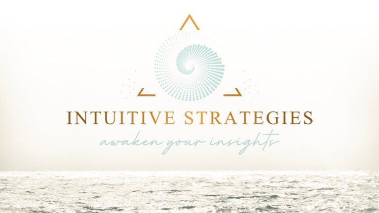 Intuitive Strategies logo with ocean backdrop, symbolizing leadership transformation, combining intuition and strategy for soulful business success.
