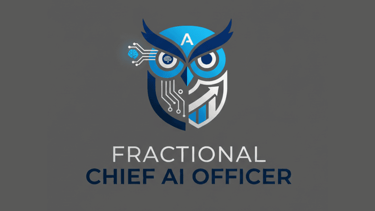 Logo of Fractional Chief AI Officer, featuring an owl symbolizing AI leadership with technological elements and the letter A.