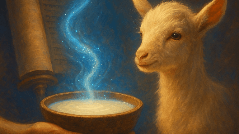 A mystical image of a goat beside a glowing bowl of milk, symbolizing the Torah's teaching on empowerment, boundaries, and nourishment.