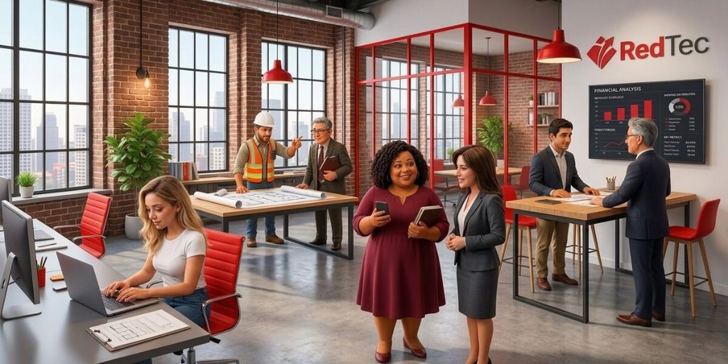 Illustration of AI Employees collaborating with a real estate team in a modern office.