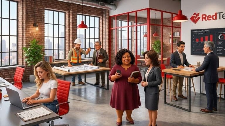 Illustration of AI Employees collaborating with a real estate team in a modern office.