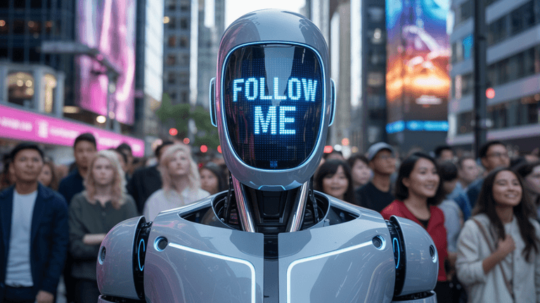 AI-driven robot with 'FOLLOW ME' message leads a crowd, symbolizing the shift to AI-powered conversations for brand visibility.