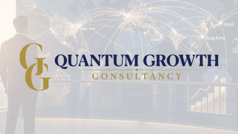 Quantum Growth Consultancy logo with a global financial background highlighting key international cities.