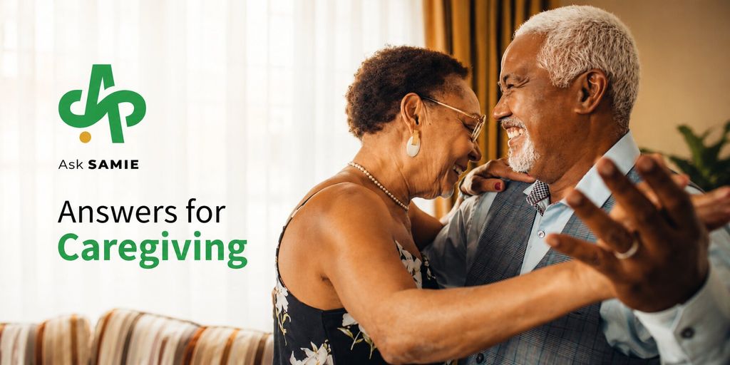 Older couple embracing beside AskSAMIE caregiving support branding.