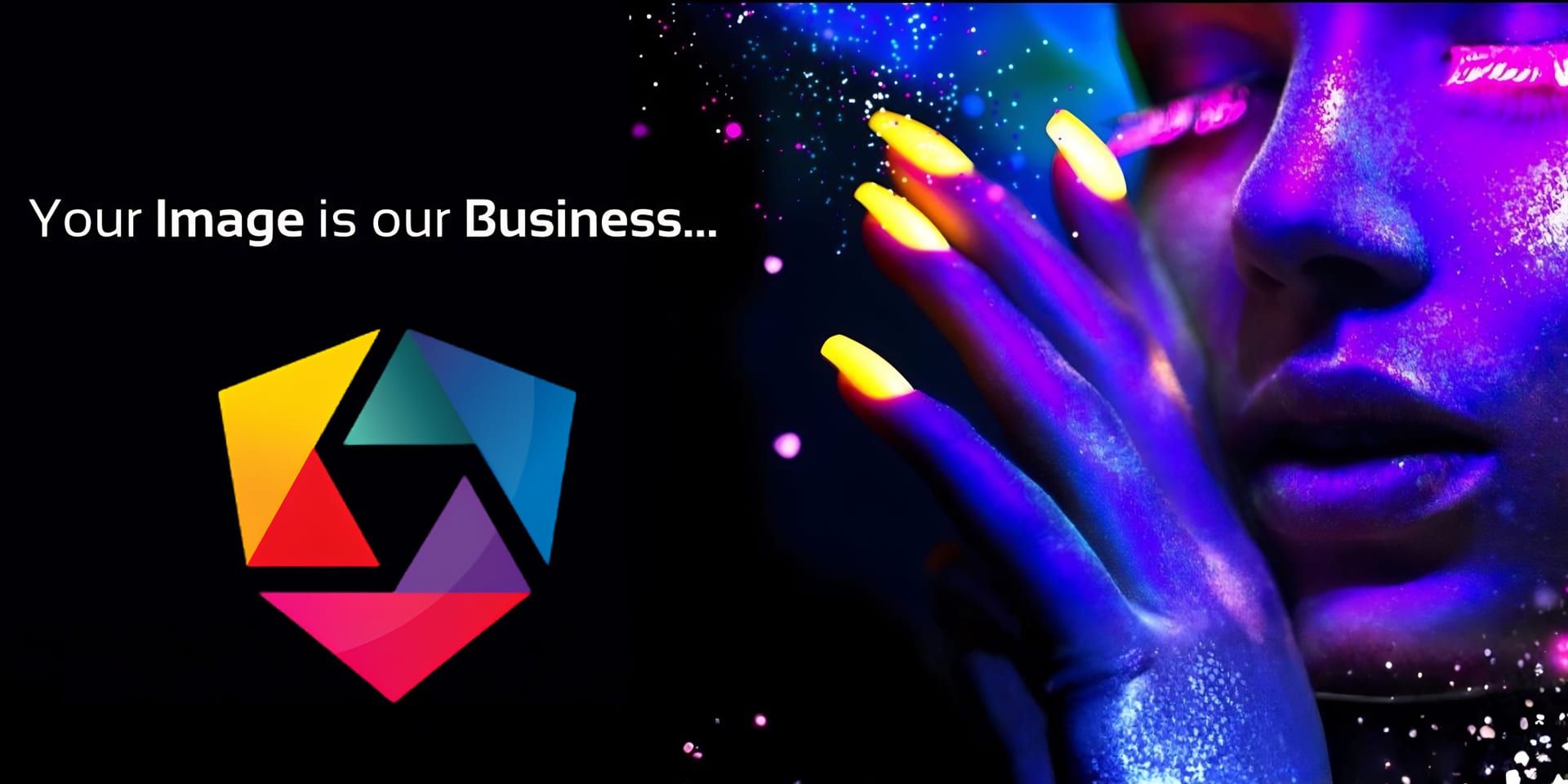 Vibrant neon-lit woman with glowing nails beside colorful geometric logo and branding text on dark background.