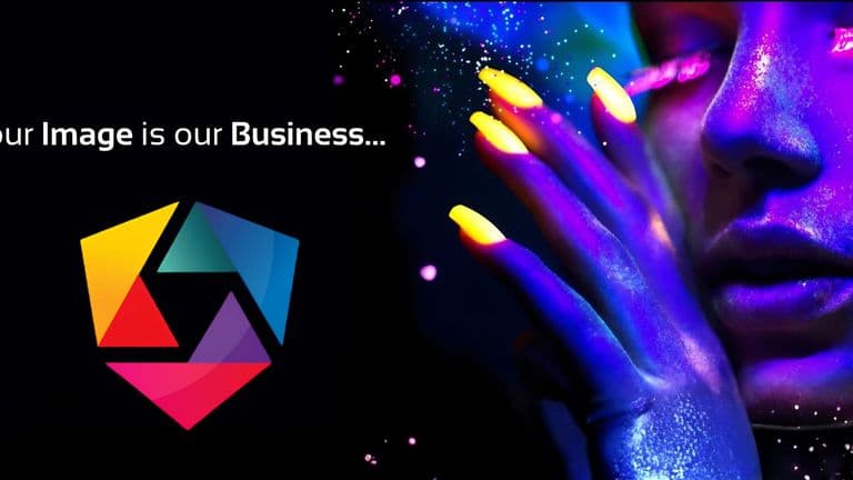 Vibrant neon-lit woman with glowing nails beside colorful geometric logo and branding text on dark background.