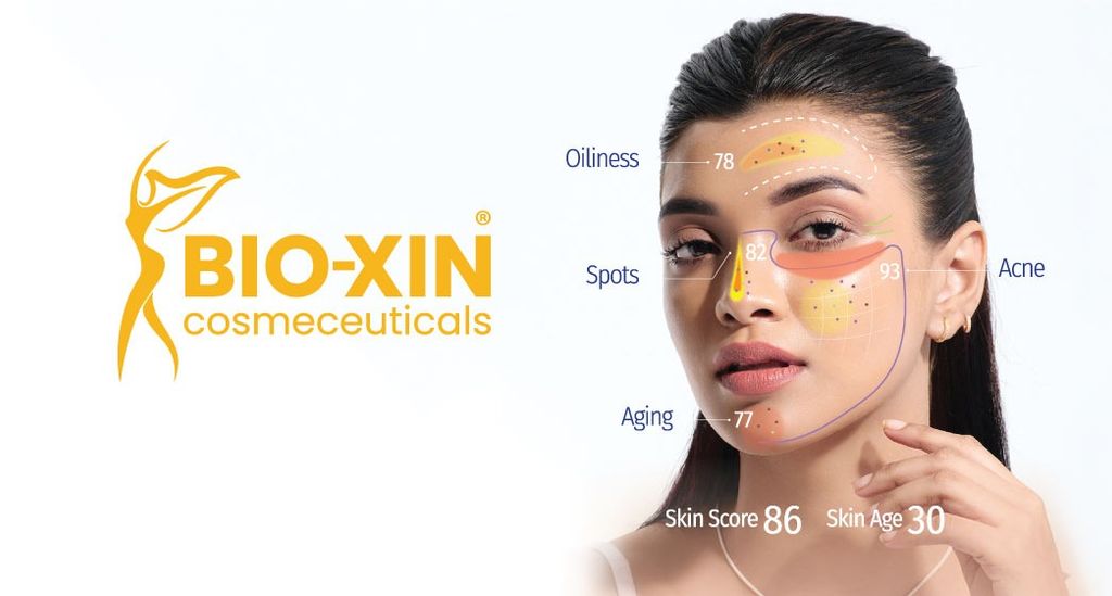 Bio-Xin's skincare technology with detailed facial analysis and scores.