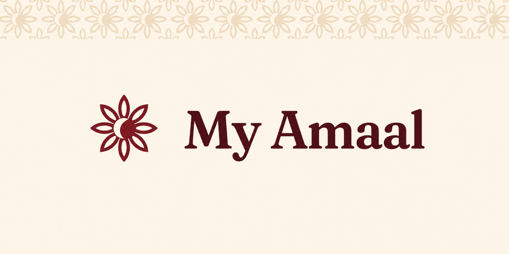 My Amaal logo featuring a floral icon and elegant maroon lettering on a cream patterned background.