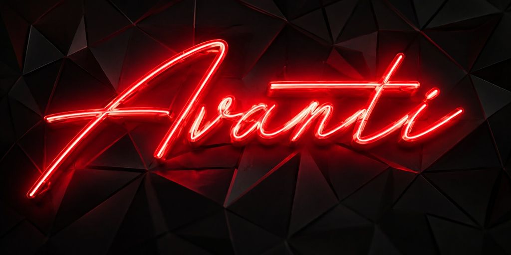 Red neon Avanti sign mounted on a black geometric wall.