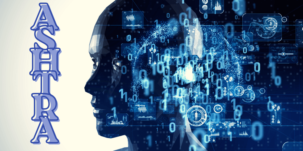 Digital human head with binary code and tech icons, symbolizing Ashtra’s AI transforming beauty business operations.