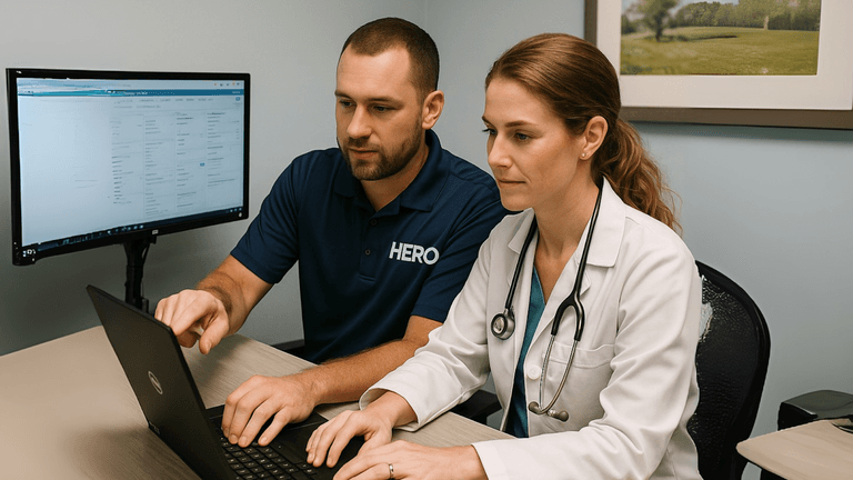 A healthcare professional and an IT technician collaborate on a laptop, highlighting HERO Managed Services' focus on tech support and cybersecurity.