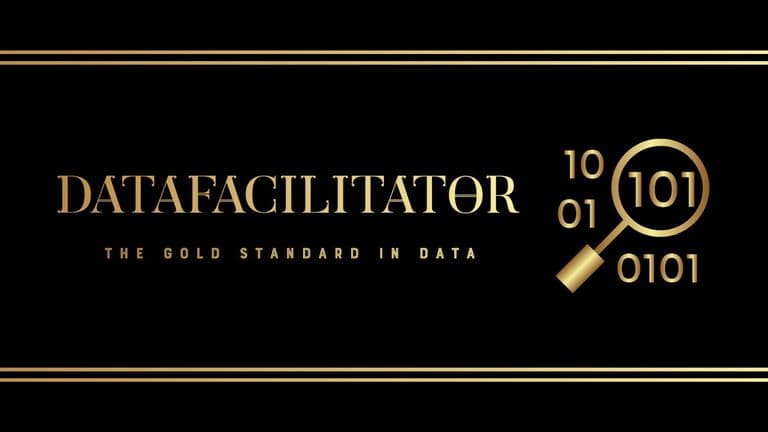 DataFacilitator logo with gold accents, featuring a magnifying glass, binary code, and tagline 'The Gold Standard in Data.'