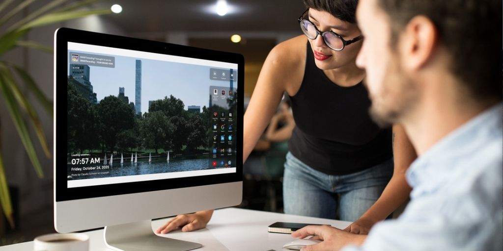 Two people collaborate on the SMARTbranding Chrome Extension in an office, with a serene Central Park view on the screen.