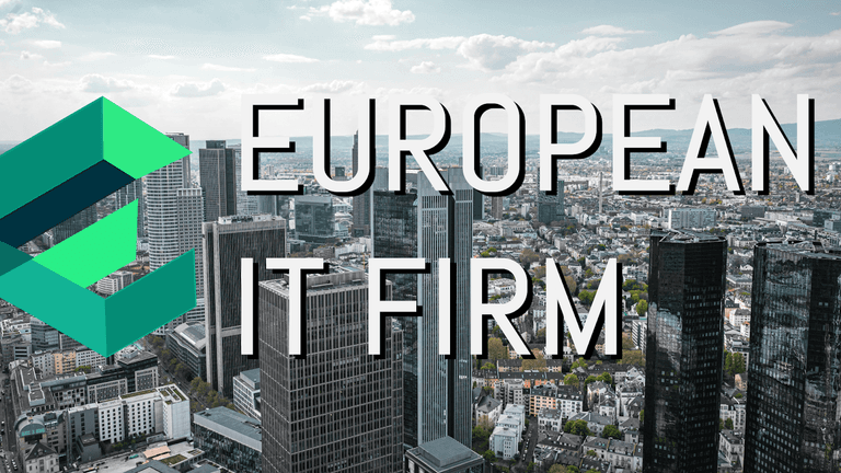 European IT Firm logo with a city skyline background, representing seamless IT solutions, business growth, and pan-European services.