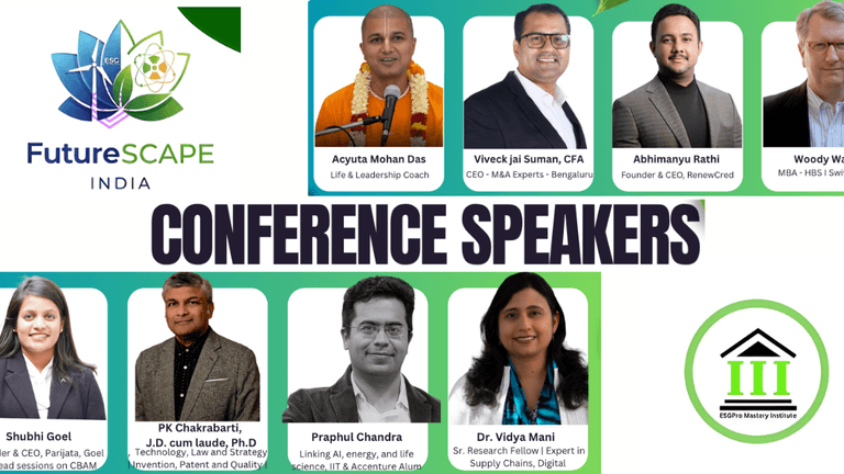 FutureScape India 2047 conference speakers promoting ESG investment and sustainability leadership across sectors and global partnerships.