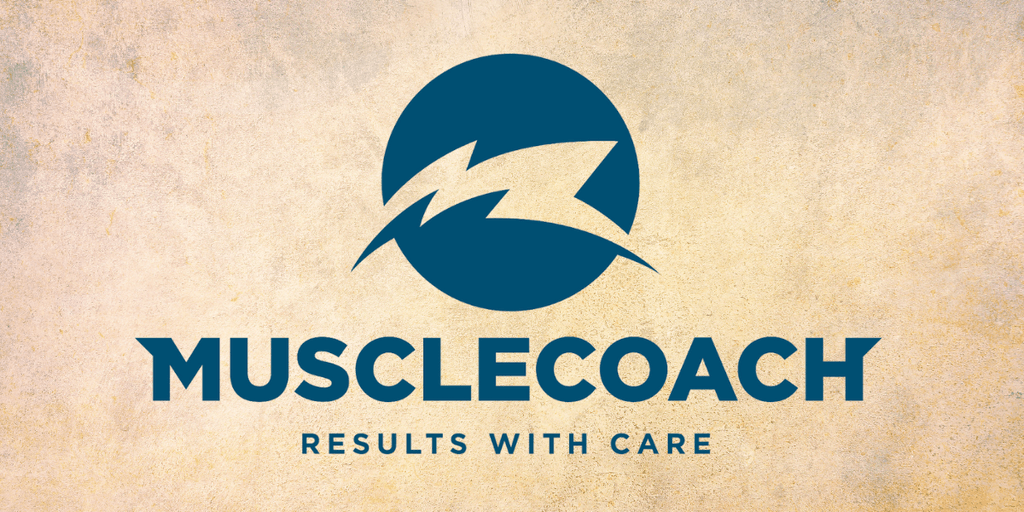 MuscleCoach logo with a blue circle and lightning bolt symbol, emphasizing results-driven coaching with care and personal growth.